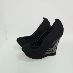 Just Fab Black Rhinestone Platform Wedge High Heel Shoes Size 9
